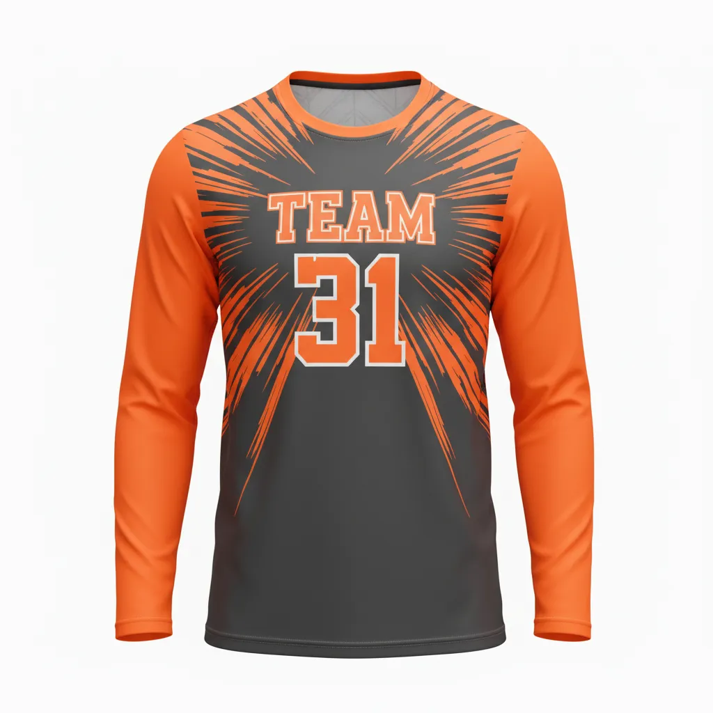 Custom Volleyball Long Sleeve Volleyball Jersey - Grey, Orange - Charcoal Neon Burst - Front View - Kinexa Sportswear