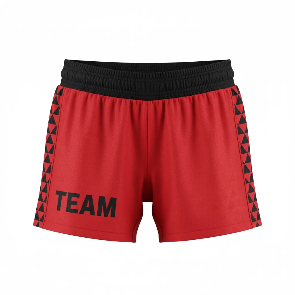 Custom Volleyball Poly Spandex Shorts - Red, Black - Athletic Geometric Triangles - Front View - Kinexa Sportswear