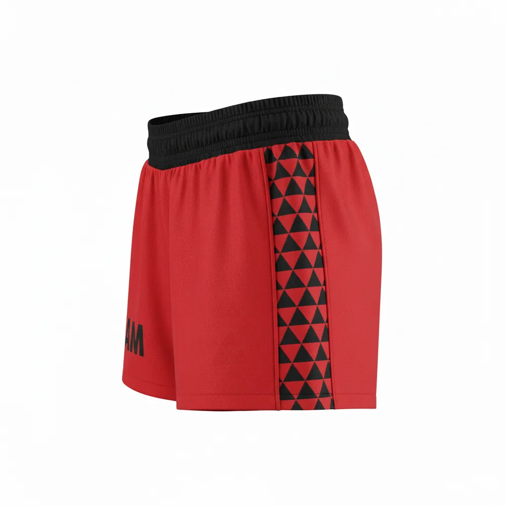 Custom Volleyball Poly Spandex Shorts - Red, Black - Athletic Geometric Triangles - Side View - Kinexa Sportswear