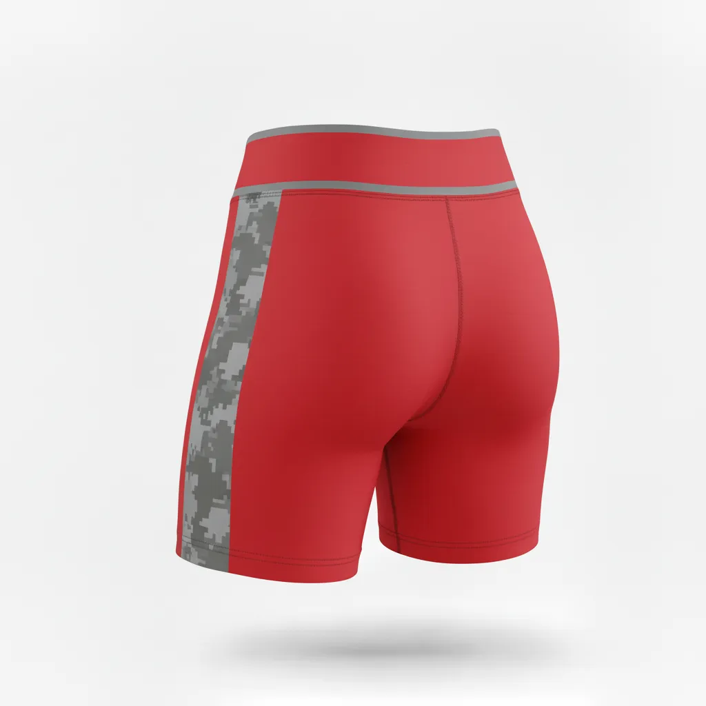 Custom Volleyball Poly Spandex Shorts - Red, Grey - Athletic Camo Pattern - Back View - Kinexa Sportswear