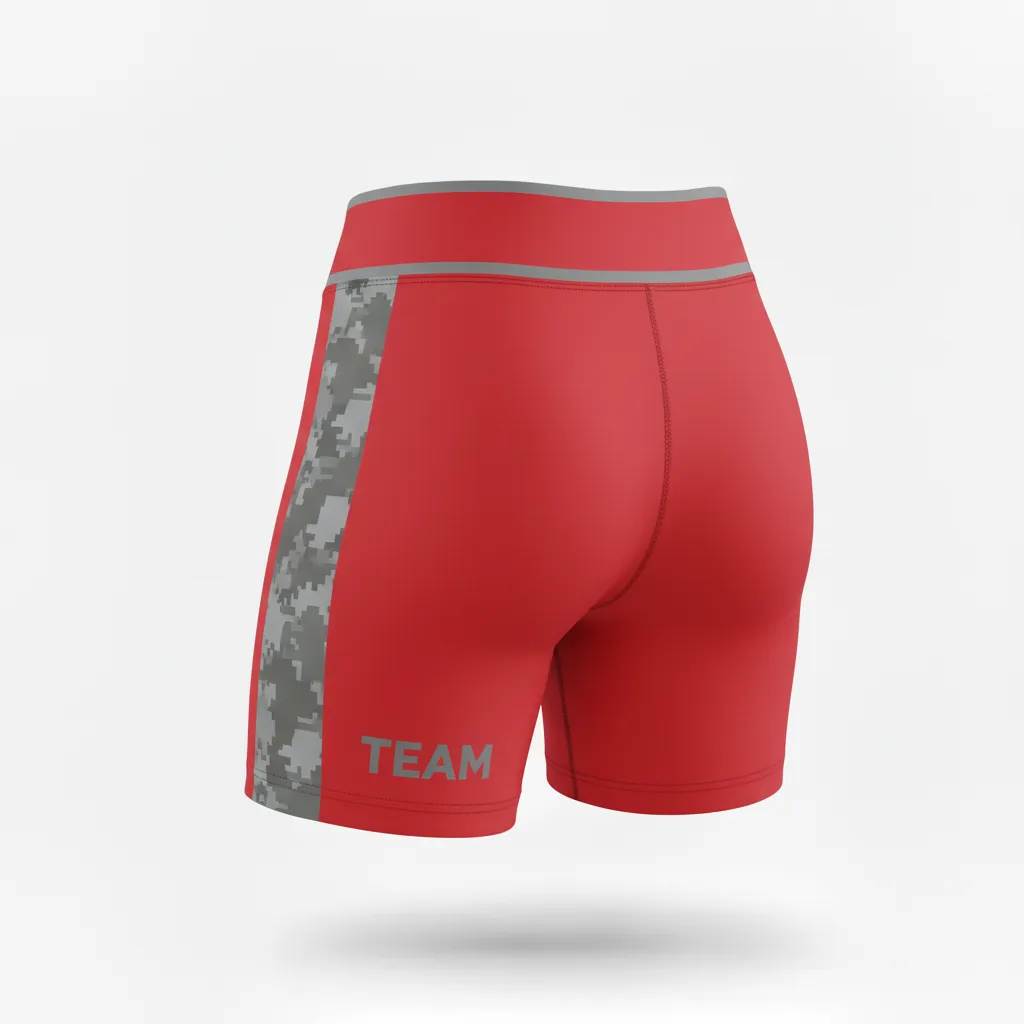 Custom Volleyball Poly Spandex Shorts - Red, Grey - Athletic Camo Pattern - Front View - Kinexa Sportswear