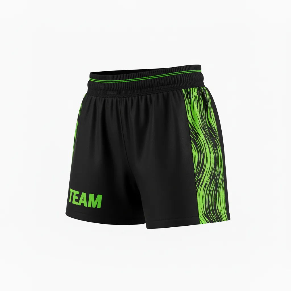 Custom Volleyball Poly Spandex Shorts - Black, Green - Neon Wave Pattern - Front View - Kinexa Sportswear