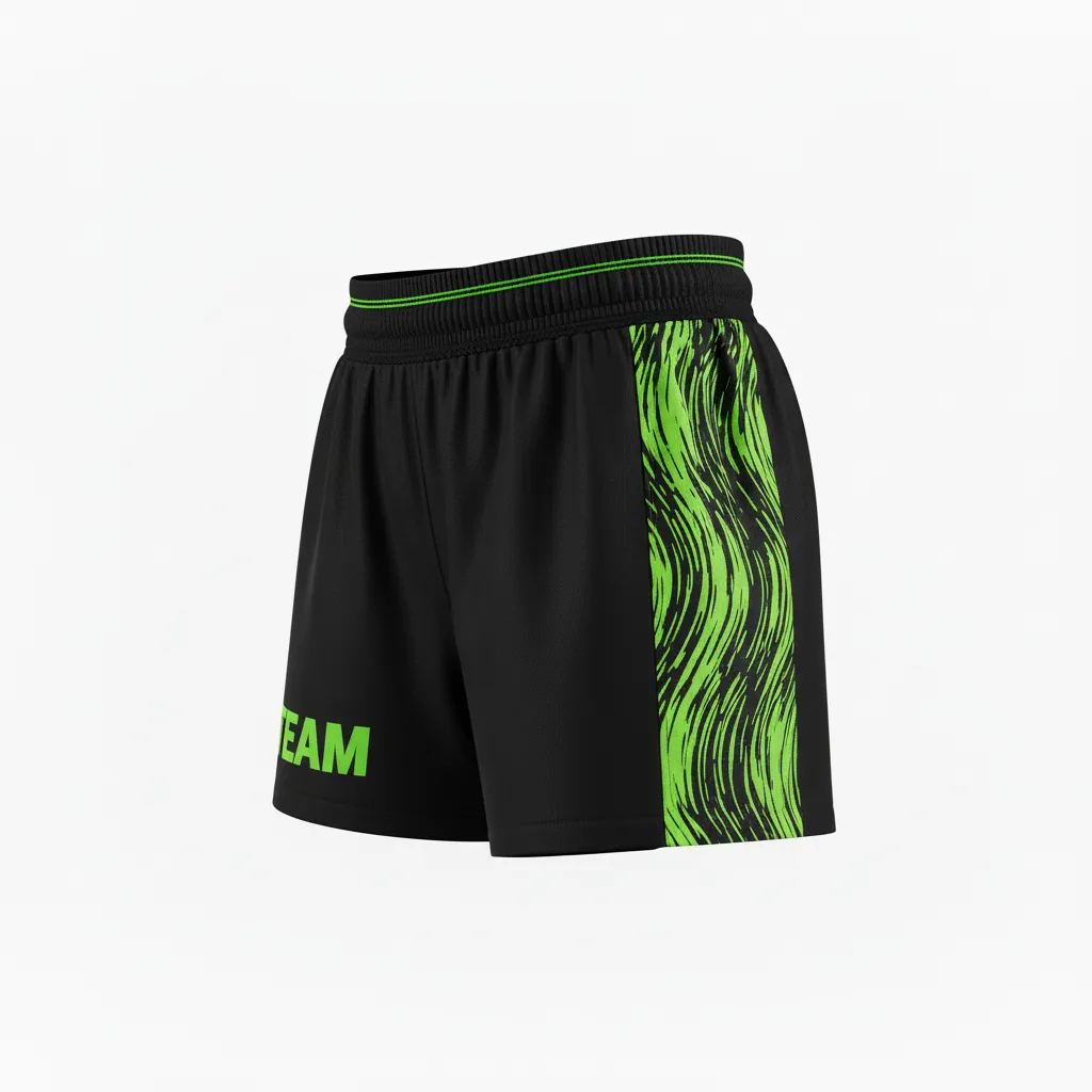 Custom Volleyball Poly Spandex Shorts - Black, Green - Neon Wave Pattern - Side View - Kinexa Sportswear