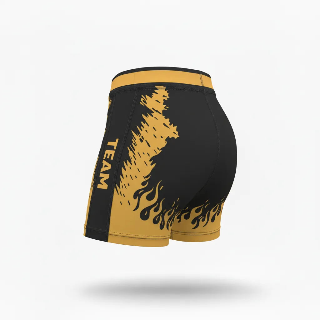 Custom Volleyball Poly Spandex Shorts - Black, Gold - Vegas Flame Design - Front View - Kinexa Sportswear