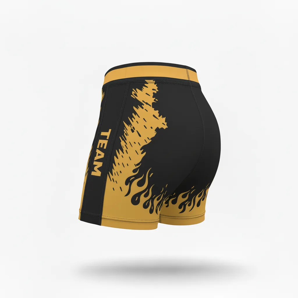 Custom Volleyball Poly Spandex Shorts - Black, Gold - Vegas Flame Design - Side View - Kinexa Sportswear