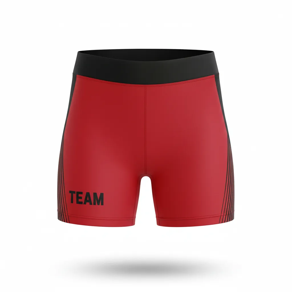 Custom Volleyball Poly Spandex Shorts - Red, Black - Cardinal Slash Design - Front View - Kinexa Sportswear