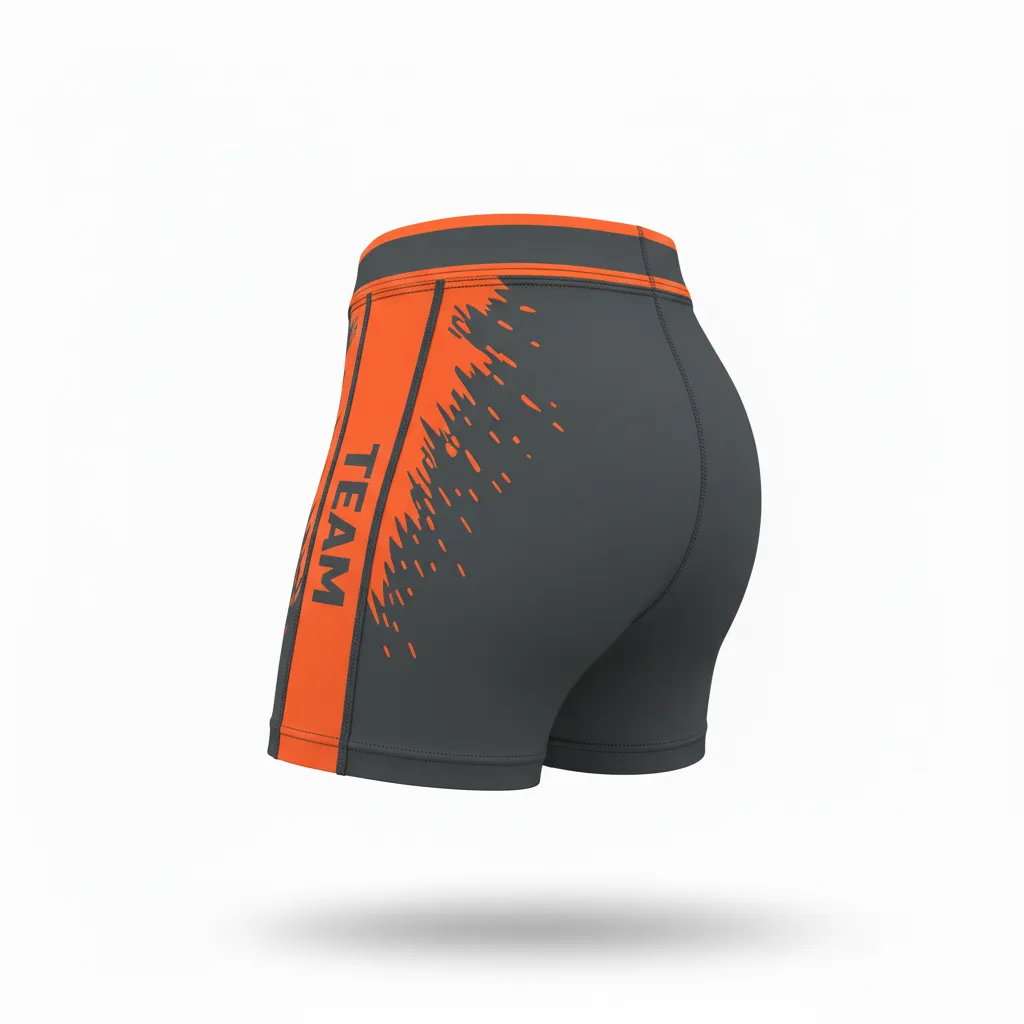 Custom Volleyball Poly Spandex Shorts - Grey, Orange - Charcoal Neon Burst - Back View - Kinexa Sportswear