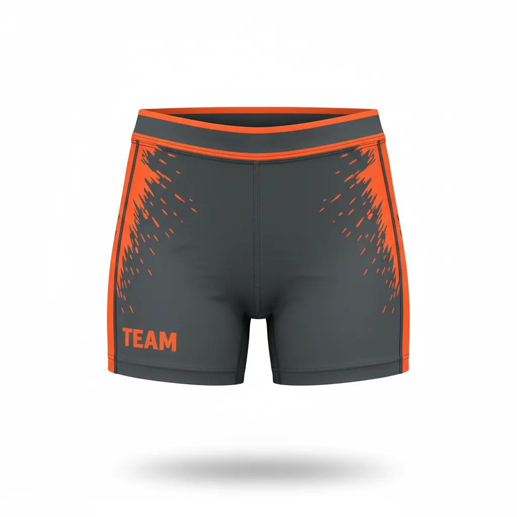 Custom Volleyball Poly Spandex Shorts - Grey, Orange - Charcoal Neon Burst - Front View - Kinexa Sportswear