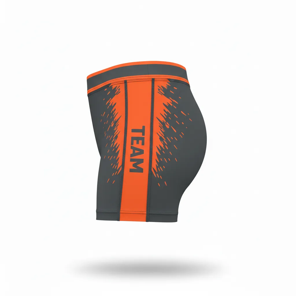 Custom Volleyball Poly Spandex Shorts - Grey, Orange - Charcoal Neon Burst - Side View - Kinexa Sportswear