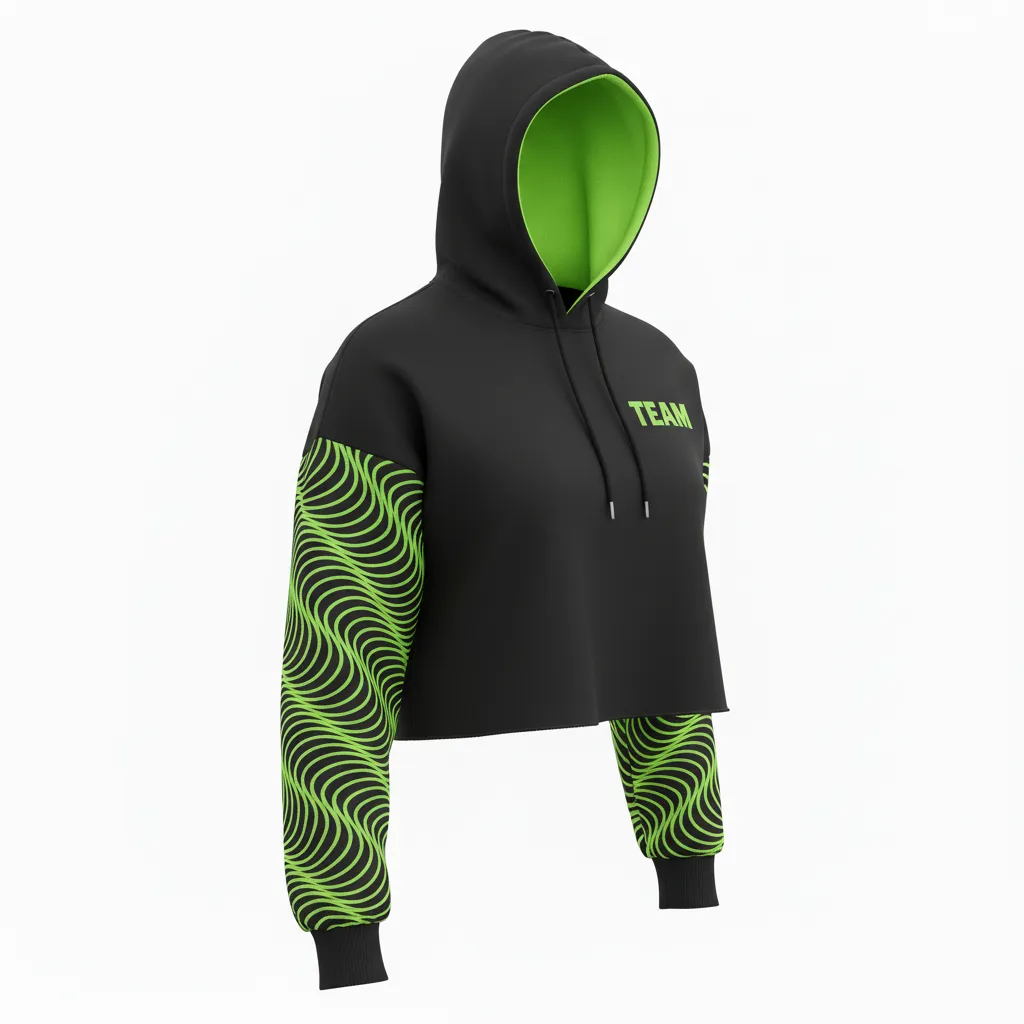 Custom Volleyball Pullover Hoodie - Black, Green - Neon Wave Pattern - Front View - Kinexa Sportswear