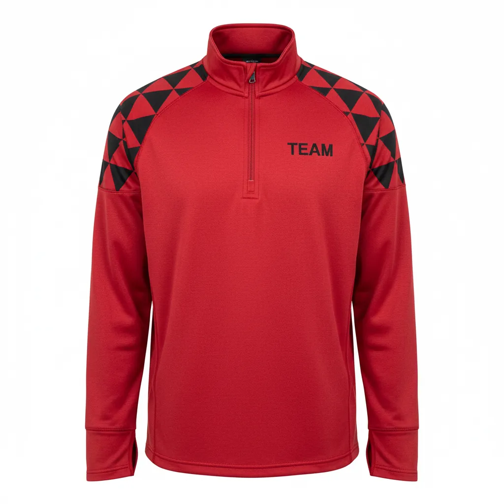 Custom Volleyball Quarter Zip Pullover - Red, Black - Athletic Geometric Triangles - Front View - Kinexa Sportswear