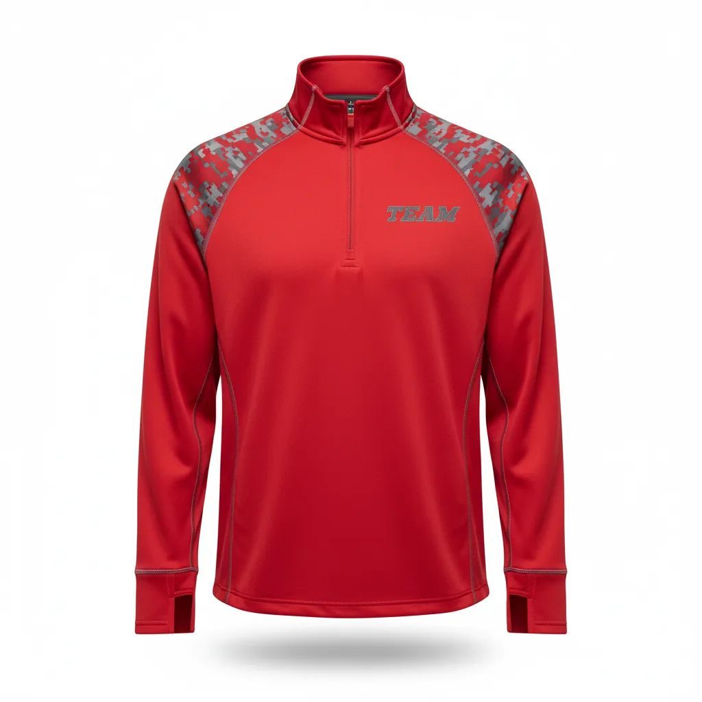 Custom Volleyball Quarter Zip Pullover - Red, Grey - Athletic Camo Pattern - Front View - Kinexa Sportswear