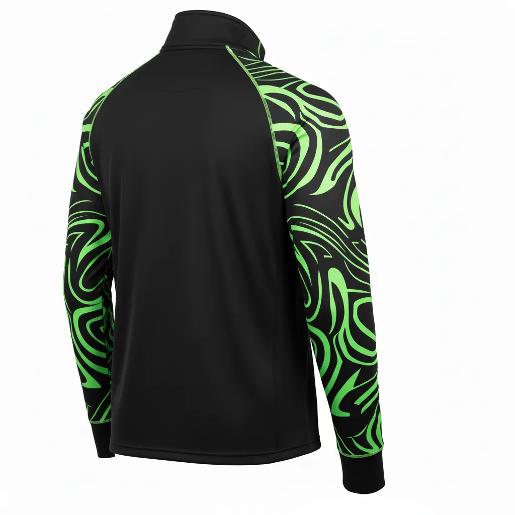 Custom Volleyball Quarter Zip Pullover - Black, Green - Neon Wave Pattern - Back View - Kinexa Sportswear
