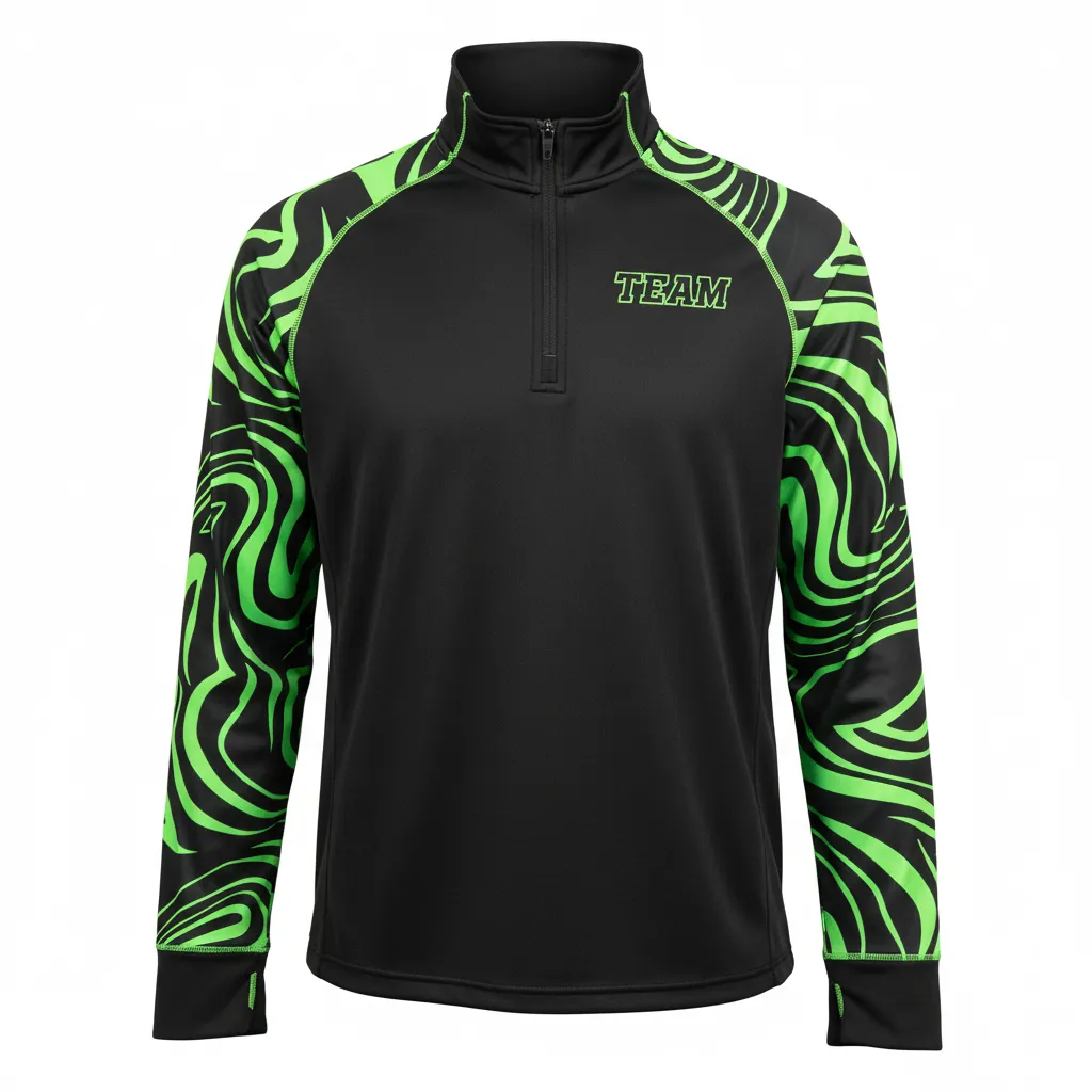 Custom Volleyball Quarter Zip Pullover - Black, Green - Neon Wave Pattern - Front View - Kinexa Sportswear