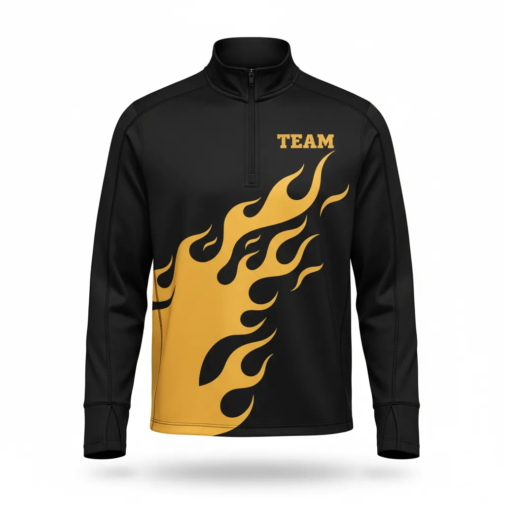 Custom Volleyball Quarter Zip Pullover - Black, Gold - Vegas Flame Design - Front View - Kinexa Sportswear