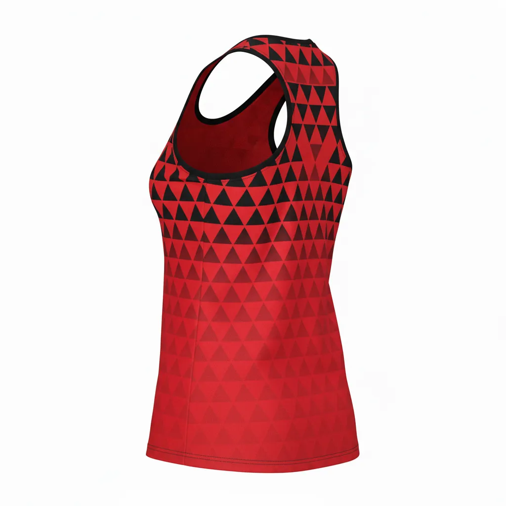 Custom Volleyball Racerback Tanktop Jersey - Red, Black - Athletic Geometric Triangles - Back View - Kinexa Sportswear