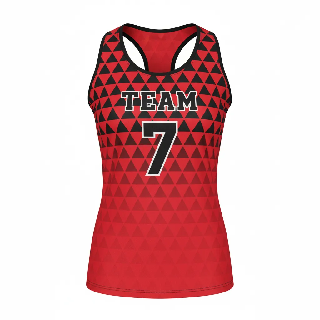 Custom Volleyball Racerback Tanktop Jersey - Red, Black - Athletic Geometric Triangles - Front View - Kinexa Sportswear