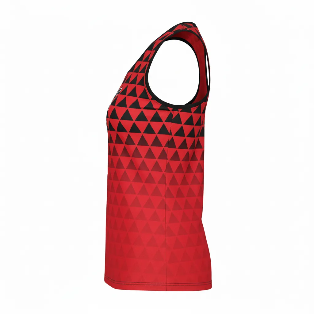 Custom Volleyball Racerback Tanktop Jersey - Red, Black - Athletic Geometric Triangles - Side View - Kinexa Sportswear