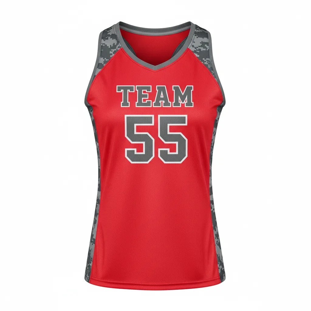 Custom Volleyball Racerback Tanktop Jersey - Red, Grey - Athletic Camo Pattern - Front View - Kinexa Sportswear