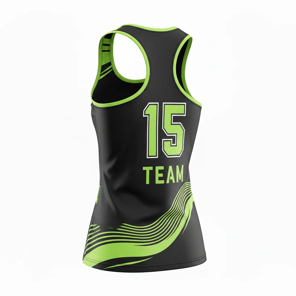 Custom Volleyball Racerback Tanktop Jersey - Black, Green - Neon Wave Pattern - Back View - Kinexa Sportswear