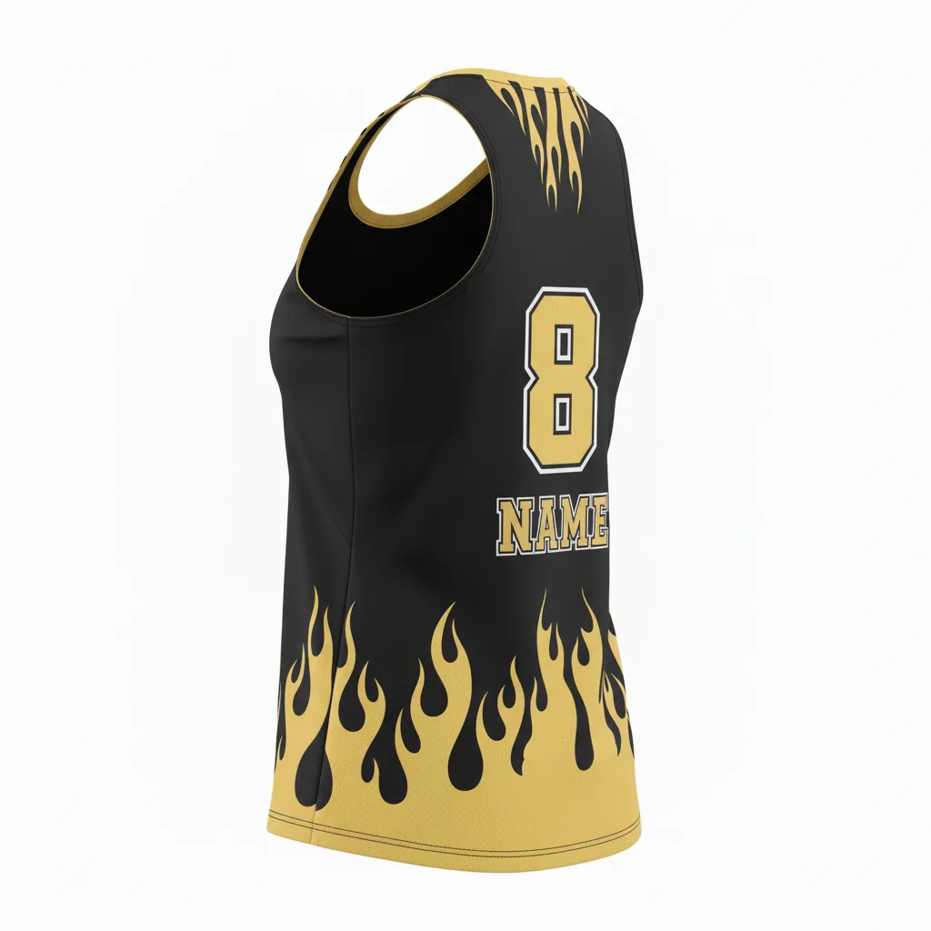 Custom Volleyball Racerback Tanktop Jersey - Black, Gold - Vegas Flame Design - Back View - Kinexa Sportswear