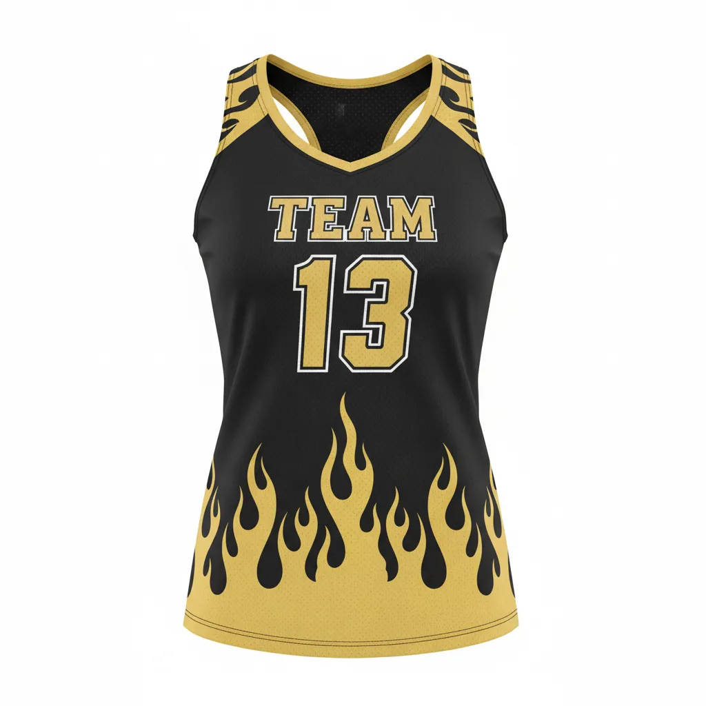 Custom Volleyball Racerback Tanktop Jersey - Black, Gold - Vegas Flame Design - Front View - Kinexa Sportswear