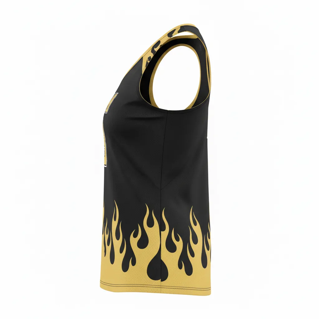 Custom Volleyball Racerback Tanktop Jersey - Black, Gold - Vegas Flame Design - Side View - Kinexa Sportswear