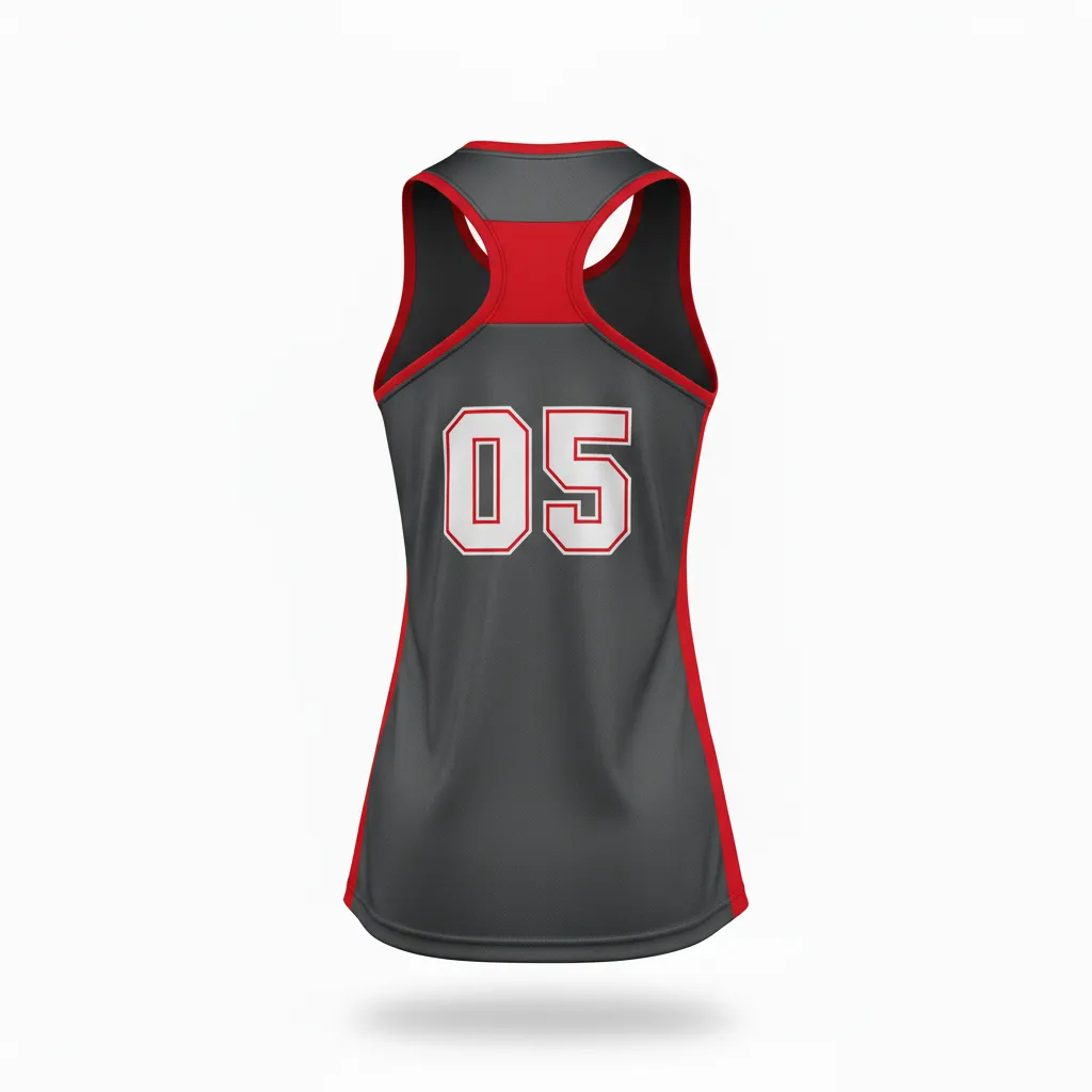 Custom Volleyball Racerback Tanktop Jersey - Grey, Red - Charcoal Athletic Side Stripe - Back View - Kinexa Sportswear