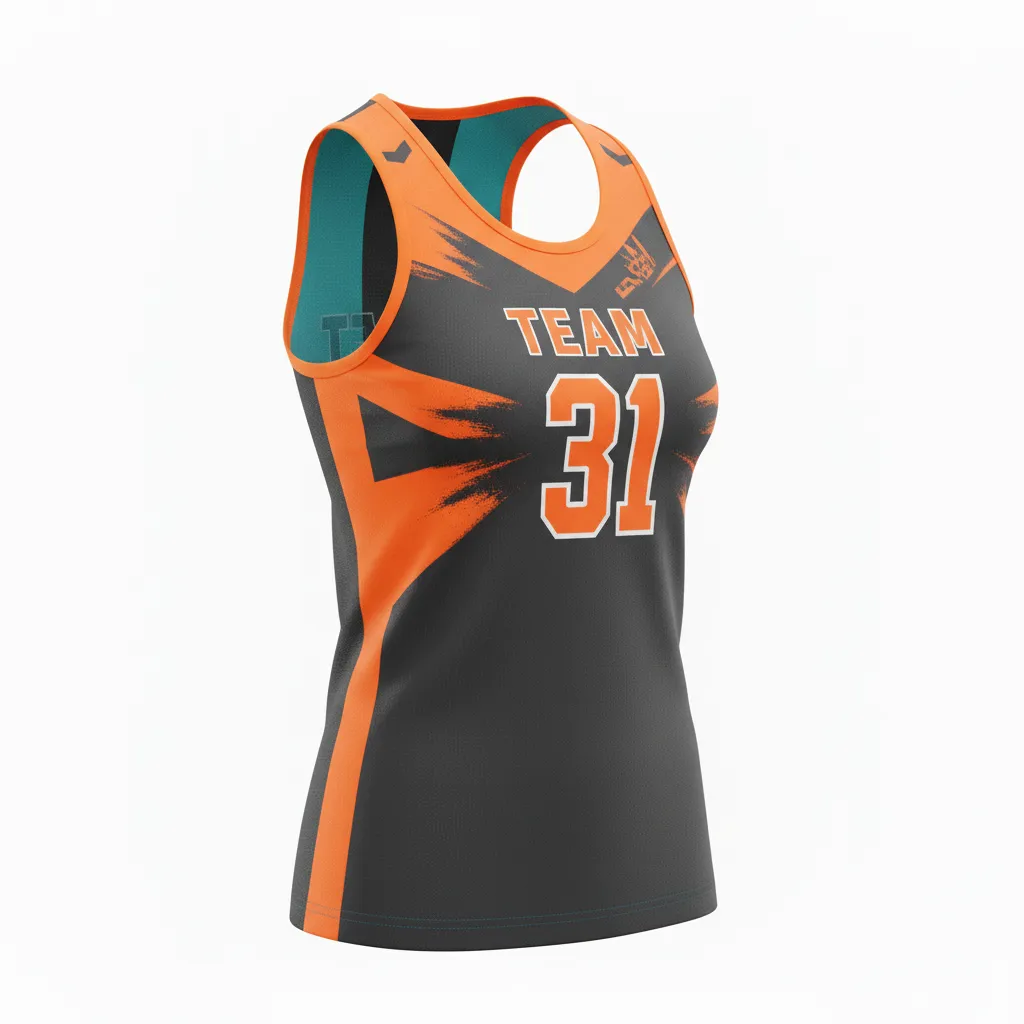 Custom Volleyball Racerback Tanktop Jersey - Grey, Orange - Charcoal Neon Burst - Front View - Kinexa Sportswear