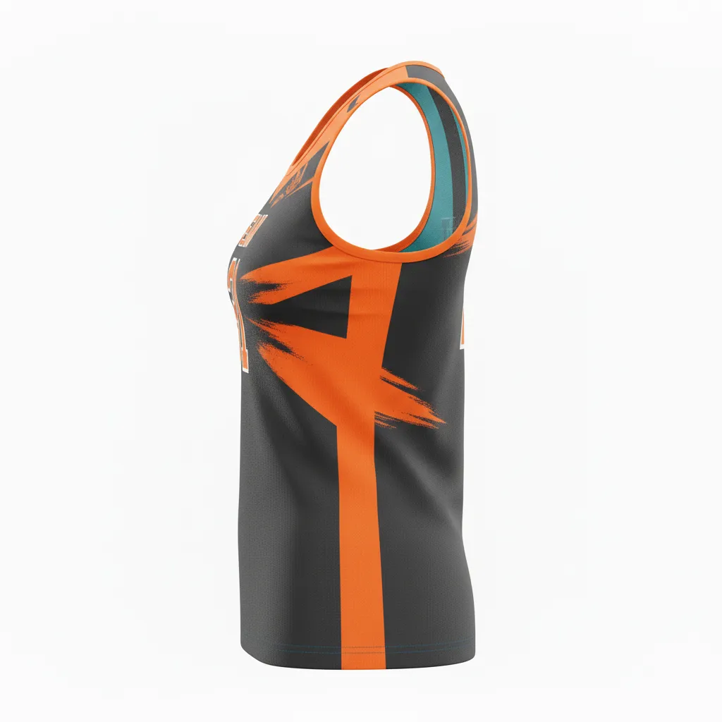 Custom Volleyball Racerback Tanktop Jersey - Grey, Orange - Charcoal Neon Burst - Side View - Kinexa Sportswear