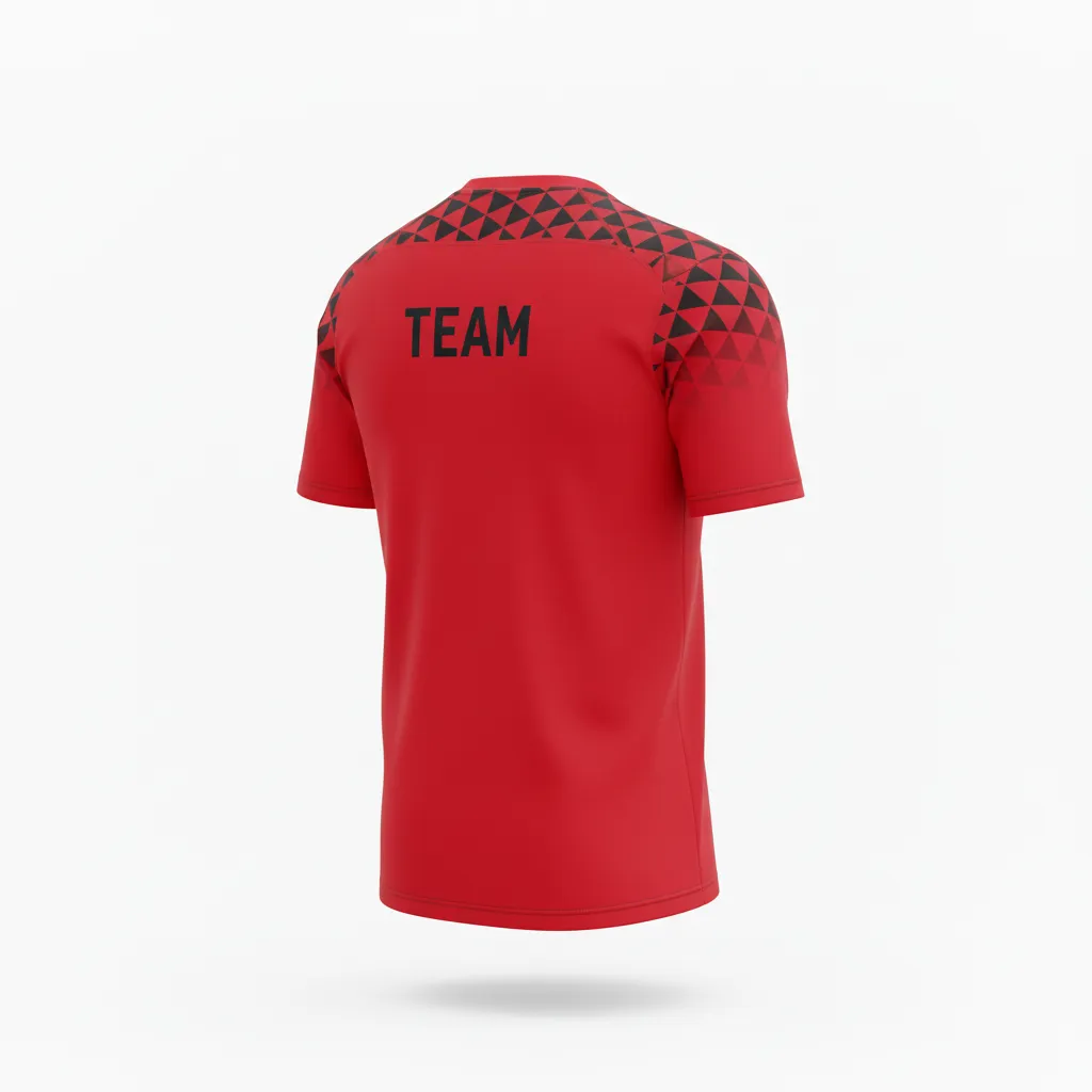 Custom Volleyball Short Sleeve T Shirt - Red, Black - Athletic Geometric Triangles - Back View - Kinexa Sportswear