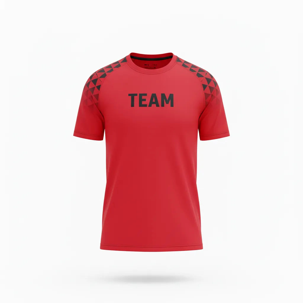 Custom Volleyball Short Sleeve T Shirt - Red, Black - Athletic Geometric Triangles - Front View - Kinexa Sportswear