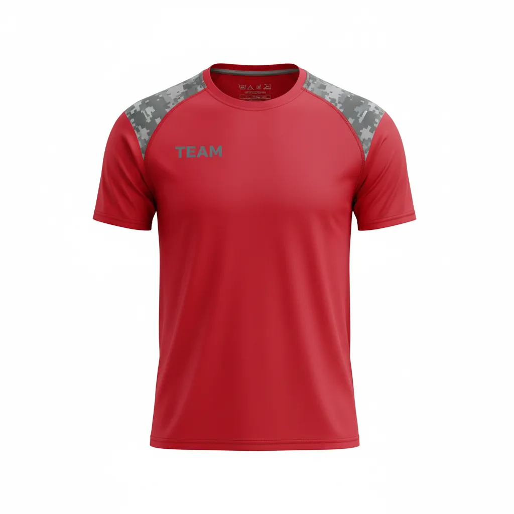Custom Volleyball Short Sleeve T Shirt - Red, Grey - Athletic Camo Pattern - Front View - Kinexa Sportswear