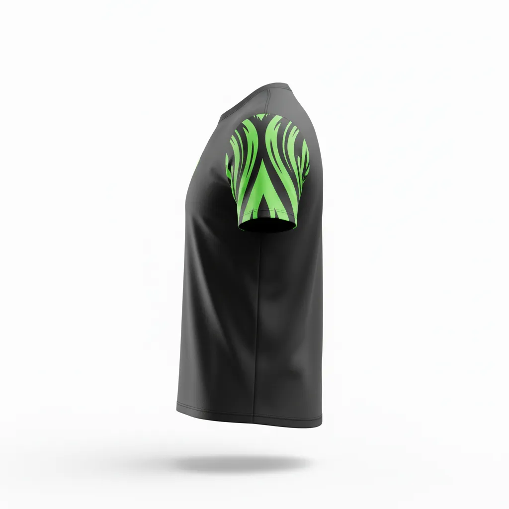 Custom Volleyball Short Sleeve T Shirt - Black, Green - Neon Wave Pattern - Side View - Kinexa Sportswear