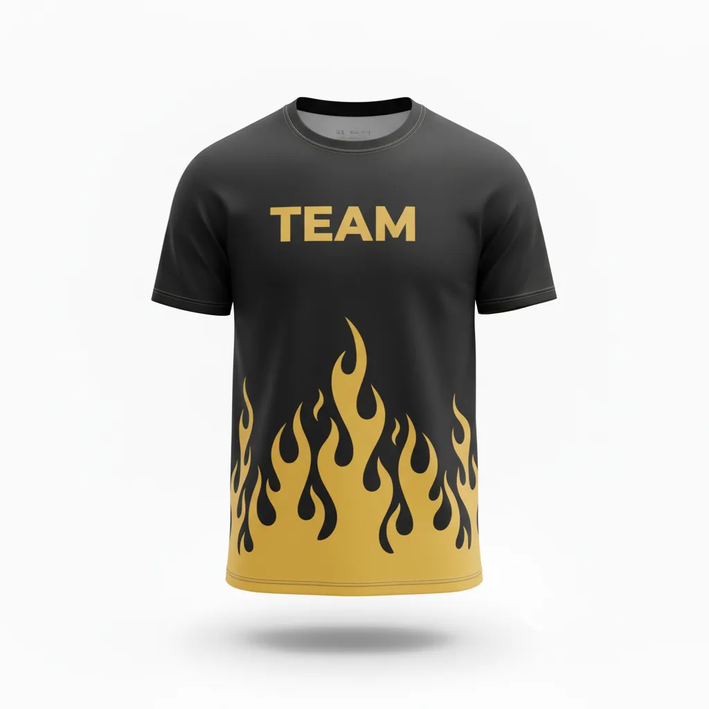 Custom Volleyball Short Sleeve T Shirt - Black, Gold - Vegas Flame Design - Front View - Kinexa Sportswear