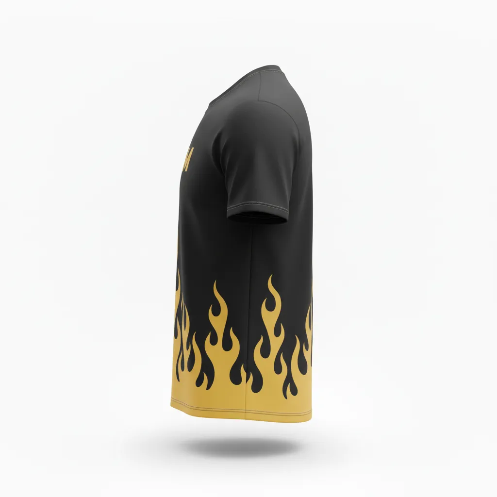 Custom Volleyball Short Sleeve T Shirt - Black, Gold - Vegas Flame Design - Side View - Kinexa Sportswear
