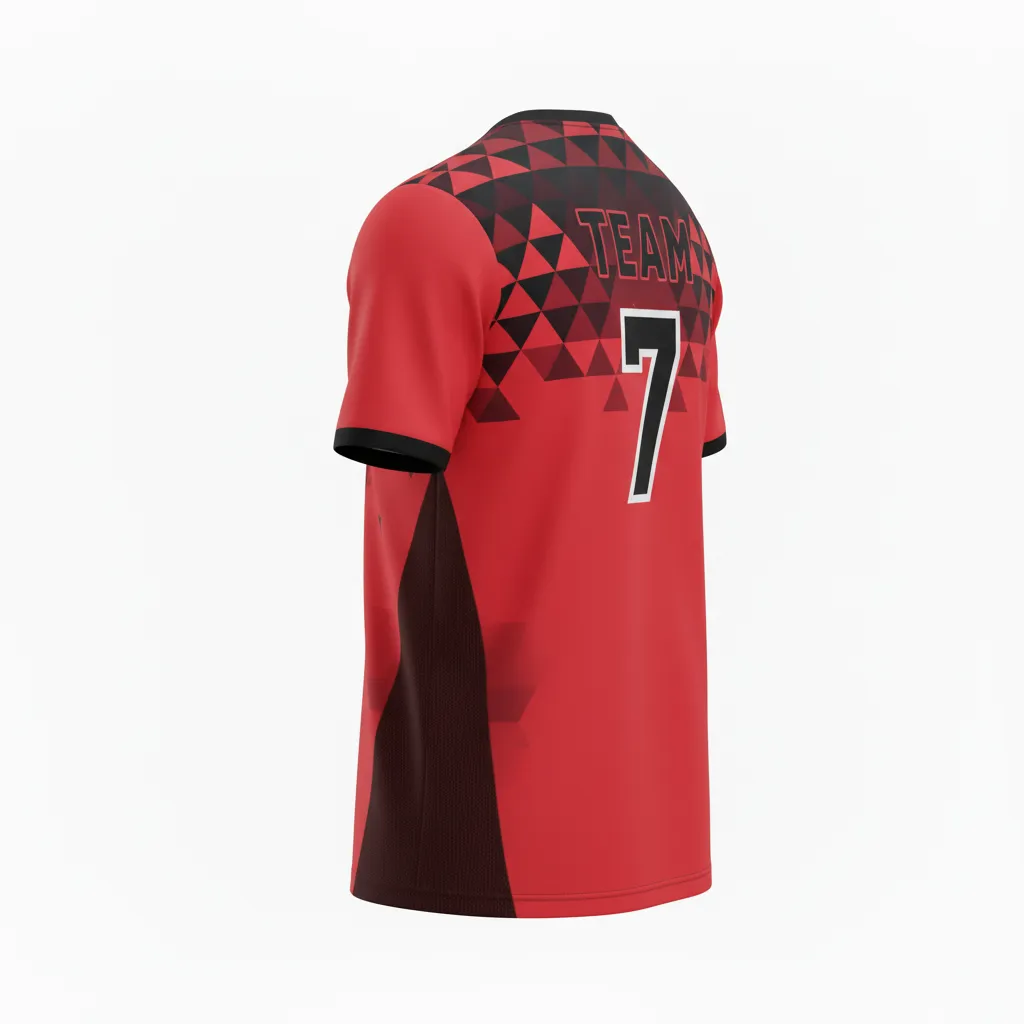Custom Volleyball Short Sleeve Volleyball Jersey - Red, Black - Athletic Geometric Triangles - Back View - Kinexa Sportswear