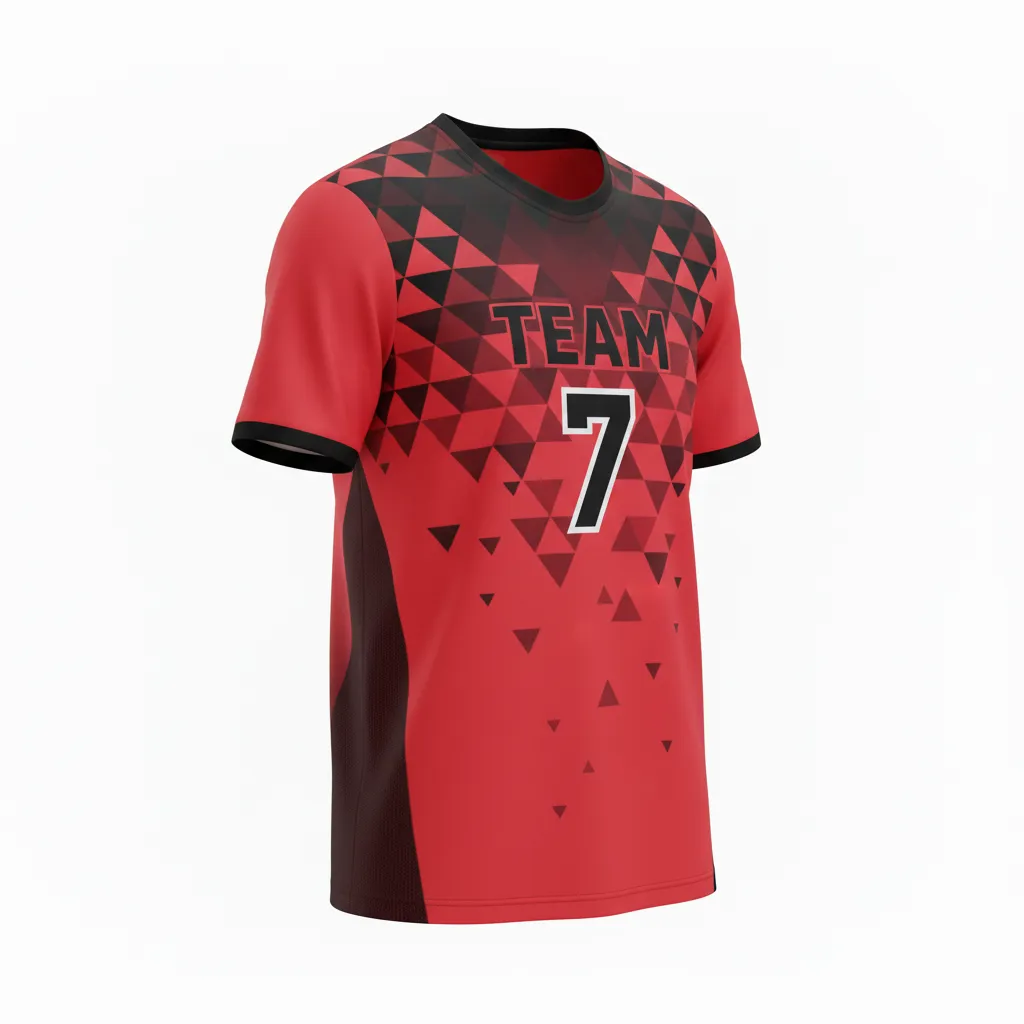Custom Volleyball Short Sleeve Volleyball Jersey - Red, Black - Athletic Geometric Triangles - Front View - Kinexa Sportswear