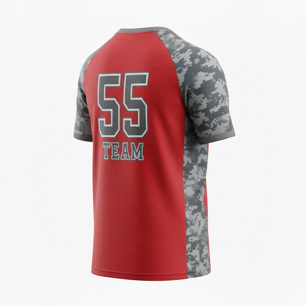Custom Volleyball Short Sleeve Volleyball Jersey - Red, Grey - Athletic Camo Pattern - Back View - Kinexa Sportswear