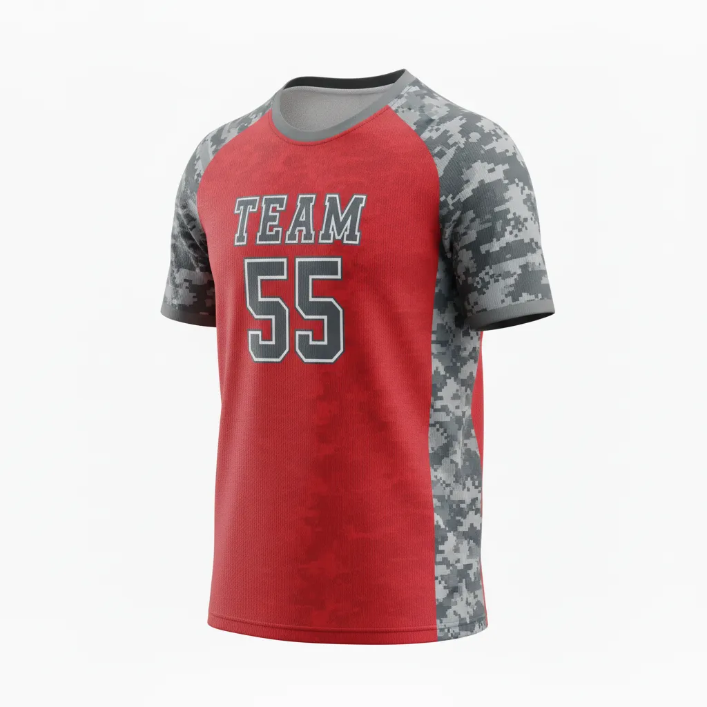 Custom Volleyball Short Sleeve Volleyball Jersey - Red, Grey - Athletic Camo Pattern - Front View - Kinexa Sportswear