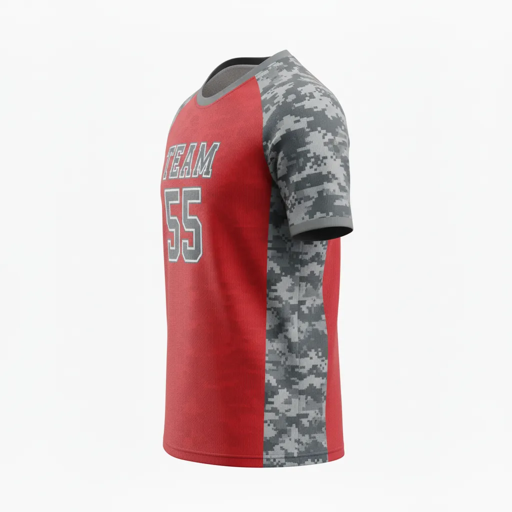 Custom Volleyball Short Sleeve Volleyball Jersey - Red, Grey - Athletic Camo Pattern - Side View - Kinexa Sportswear