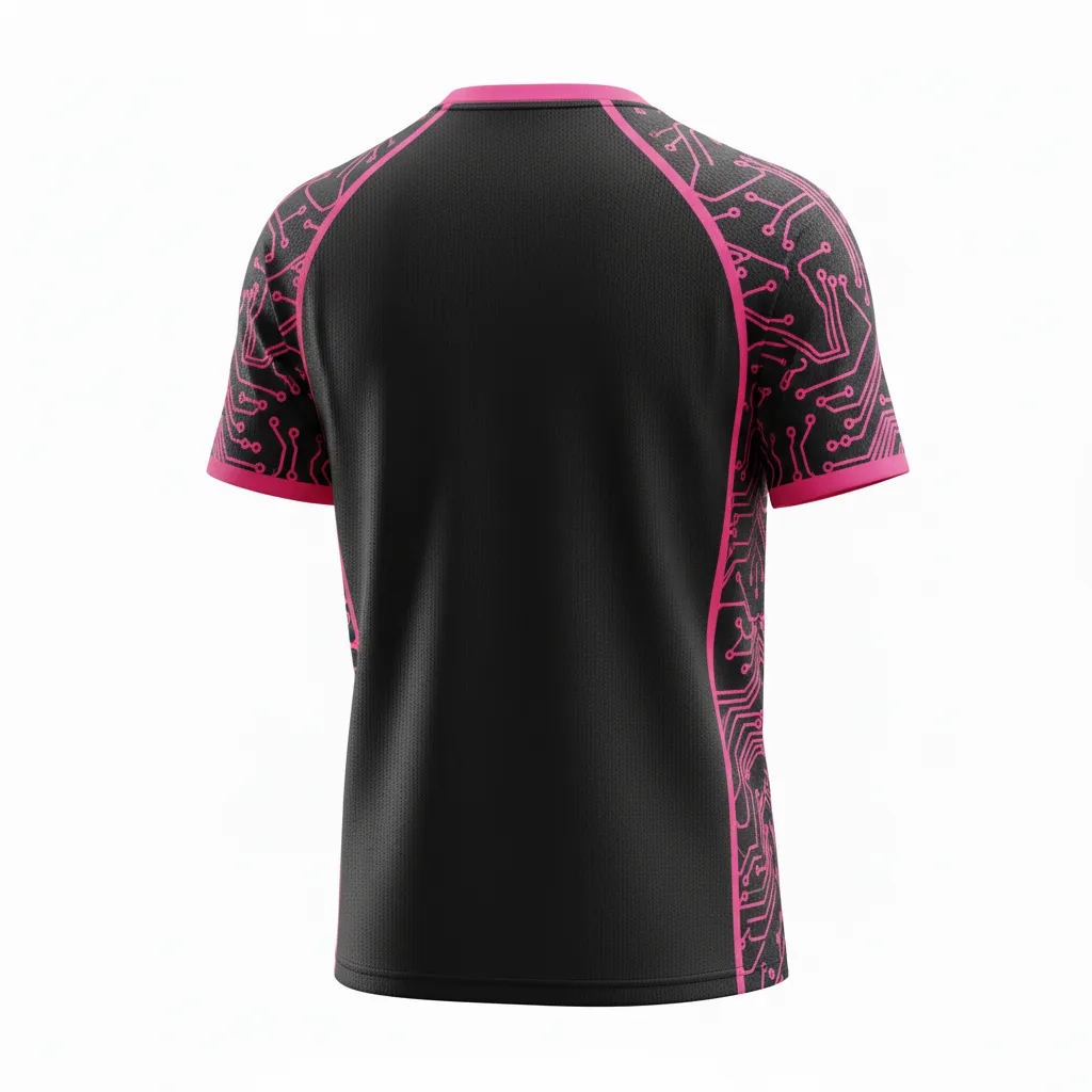 Custom Volleyball Short Sleeve Volleyball Jersey - Black, Pink - Neon Circuit Pattern - Back View - Kinexa Sportswear