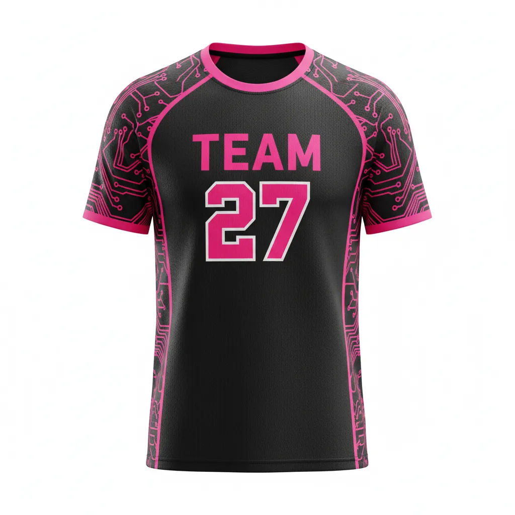 Custom Volleyball Short Sleeve Volleyball Jersey - Black, Pink - Neon Circuit Pattern - Front View - Kinexa Sportswear