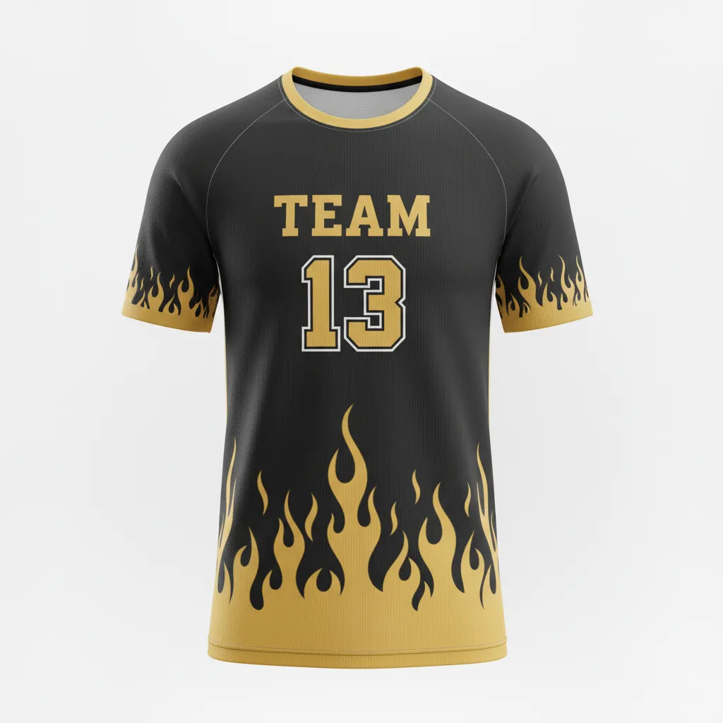 Custom Volleyball Short Sleeve Volleyball Jersey - Black, Gold - Vegas Flame Design - Front View - Kinexa Sportswear