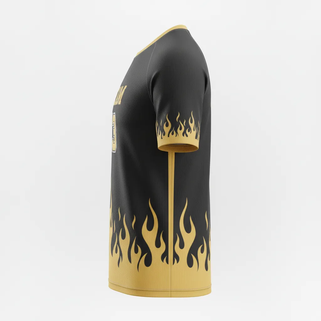 Custom Volleyball Short Sleeve Volleyball Jersey - Black, Gold - Vegas Flame Design - Side View - Kinexa Sportswear
