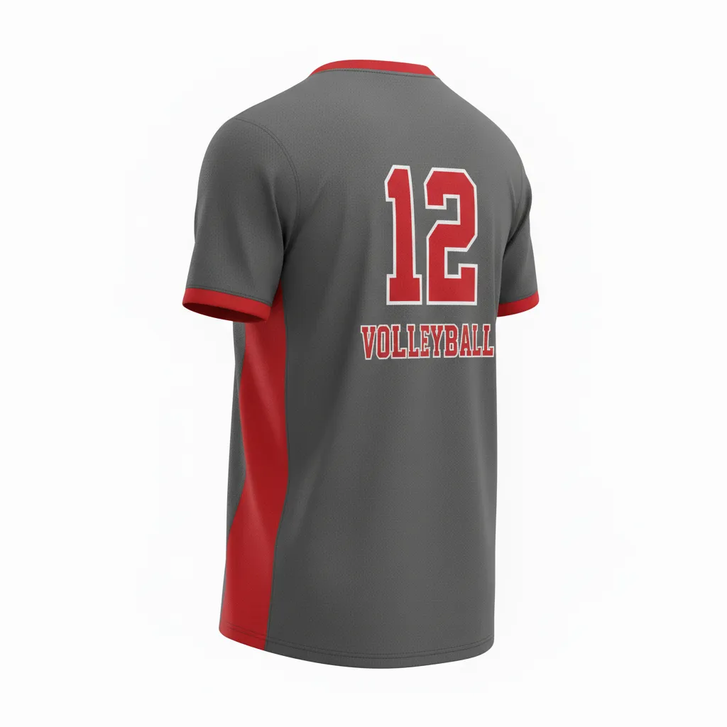 Custom Volleyball Short Sleeve Volleyball Jersey - Grey, Red - Charcoal Athletic Side Stripe - Back View - Kinexa Sportswear