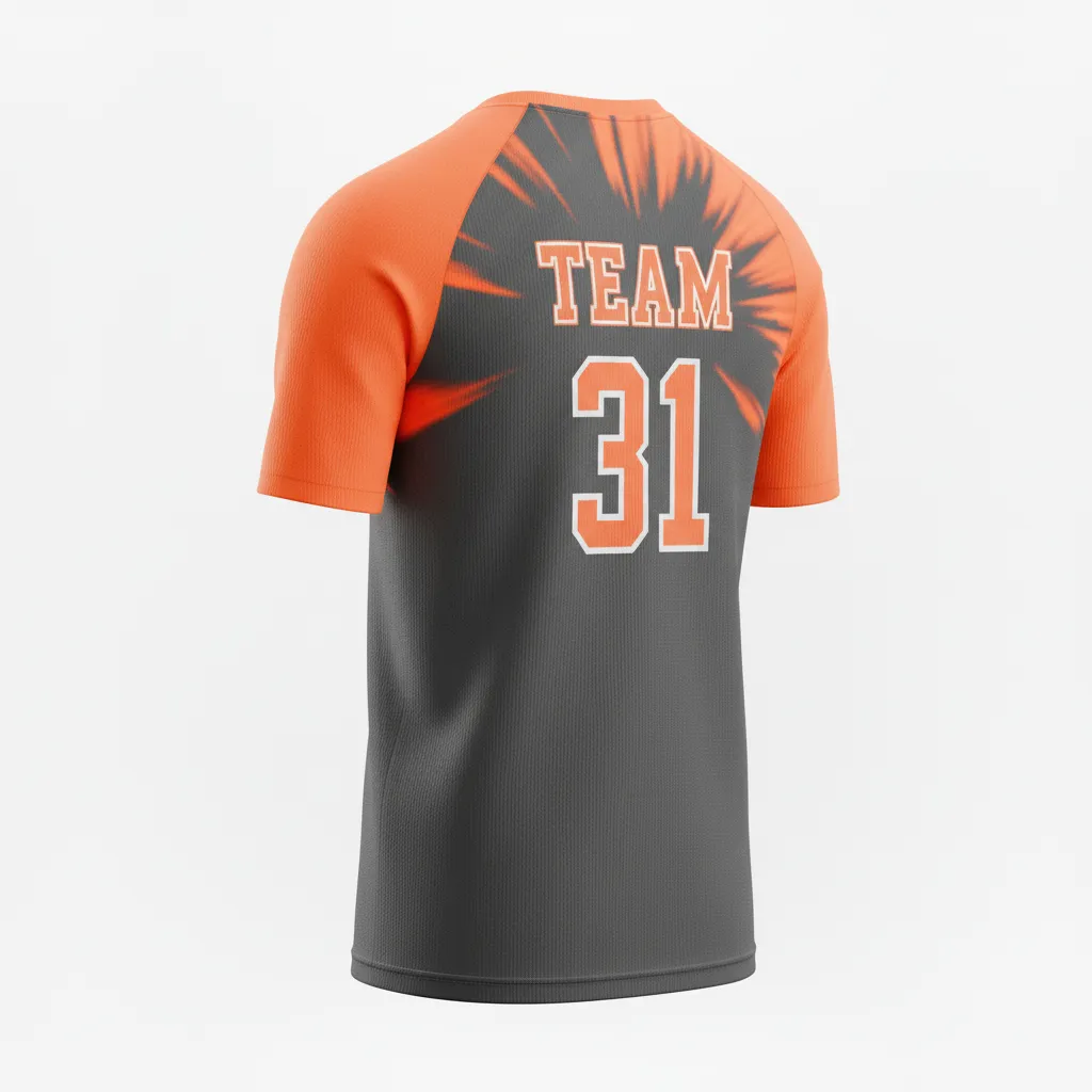 Custom Volleyball Short Sleeve Volleyball Jersey - Grey, Orange - Charcoal Neon Burst - Back View - Kinexa Sportswear
