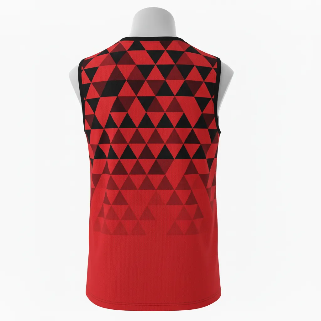 Custom Volleyball Sleeveless Jersey - Red, Black - Athletic Geometric Triangles - Back View - Kinexa Sportswear