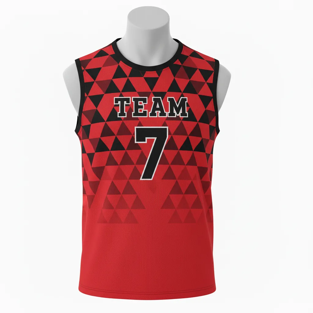 Custom Volleyball Sleeveless Jersey - Red, Black - Athletic Geometric Triangles - Front View - Kinexa Sportswear