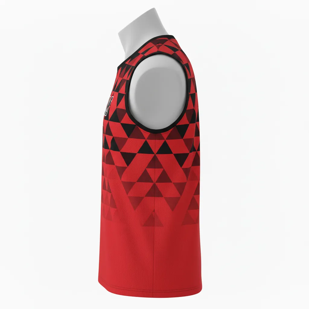 Custom Volleyball Sleeveless Jersey - Red, Black - Athletic Geometric Triangles - Side View - Kinexa Sportswear